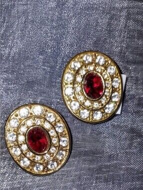 Red Rhinestones Oval Pierced Earrings White Crystal Surround